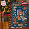 A detailed close-up of the Detroit Tigers Advent Calendar 2025 shows the team's design elements and various collectible items inside. The calendar is decorated with festive elements, and each compartment contains a special collectible related to the team's history or players.