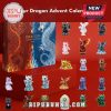 Dragon Advent Calendar and figures on red background with promotional text.