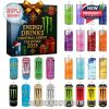 Close-up of Monster Energy Christmas Advent Calendar with different flavor cans.