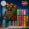 Monster Energy Advent Calendar 2025 with 24 different flavored cans displayed in a festive box.