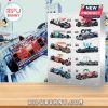 Advent calendar with F1 race car models and vintage racing artwork.