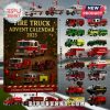 Fire Truck Advent Calendar with lineup of 24 toy vehicles shown beside it.