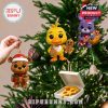 Christmas tree decorated with Five Nights at Freddy's ornaments like Freddy, Chica, and pizza slice!