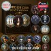 A collection of coins from the Goddess Coin Advent Calendar 2025, showcasing various mythological figures and themes.