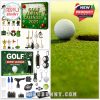 A close-up shot of the Golf Advent Calendar 2025 box with a green and white golf ball dimple pattern decorated with Christmas lights and snowflakes!
