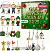 Style 1 Golf Advent Calendar 2025 showing the box and a collection of 24 miniature golf-themed figures and ornaments!