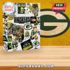 Side view of Packers advent calendar in front of large team logo background.