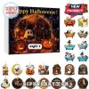 Halloween Advent Calendar style 1 with ghost reading beside pumpkins and 24 ornaments.