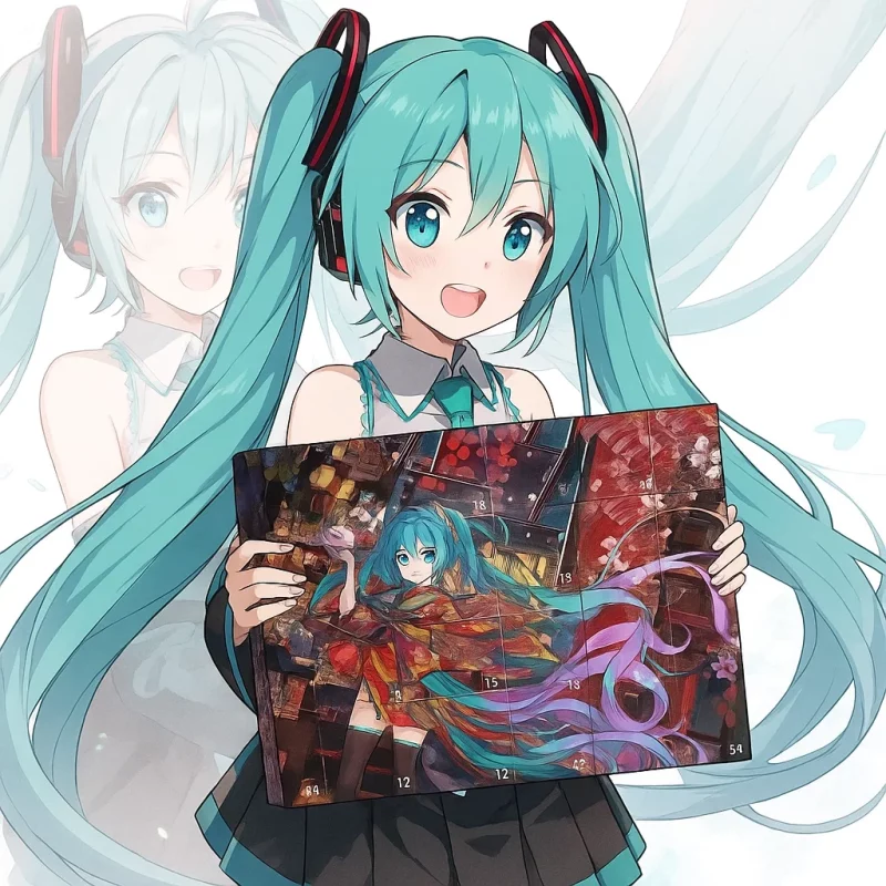 Hatsune Miku holding a colorful Advent calendar with her illustration on it.