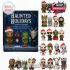 Box of Haunted Holidays Advent Calendar next to 24 monster-themed ornaments wearing Christmas outfits.