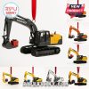 Close-up of mini excavators from the Heavy Equipment Advent Calendar 2025, with festive red bows.
