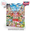 Front view of Sanrio advent calendar with festive city background and Hello Kitty characters.