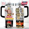 Cartoon Hulk Hogan mug with strongman pose and red yellow Hulkamania theme