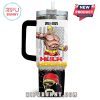 Hulk Hogan mug displaying wrestling title belts and cartoon victory pose