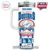 White Dodgers tumbler with blue team logo and red baseball stitching