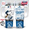 Snoopy Dodgers tumbler with cartoon baseball art and personalized jersey number