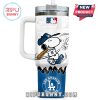 Dodgers tumbler featuring Snoopy batting with MLB branding and comic details