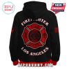 Back of black hoodie with firefighter badge design Los Angeles Rams logo and firefighting symbols.