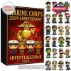 Marine Corps 250th Anniversary Advent Calendar with collectible figurines, displayed on the festive background.