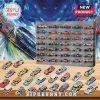 24 collectible race cars displayed in an organized box with a background of a race track.