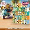 Beach themed display of Minions advent calendar with colorful panels.