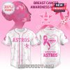 Houston Astros breast cancer awareness pink jersey with the team logo and pink ribbons.
