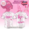 Los Angeles Dodgers breast cancer awareness pink jersey with the team logo and pink ribbons.