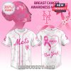 New York Mets breast cancer awareness pink jersey with the team logo and pink ribbons.