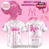 New York Yankees breast cancer awareness pink jersey with the team logo and pink ribbons.
