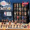 NBA-themed advent calendar with basketball player figures, accessories, and collectibles on a wooden surface!