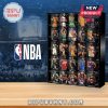 NBA advent calendar set against a basketball stadium background, featuring famous player portraits and numbered doors!