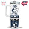 Front of Yankees tumbler with Snoopy swinging bat and bold NEW YORK text