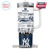 Back of Yankees Snoopy tumbler with team slogan and baseball ingredient icons