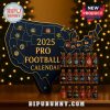 Close-up of the 2025 Pro Football Advent Calendar with NFL team logos on bottles and map details.