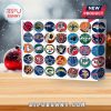 Close-up of the NFL Teams Advent Calendar with team logos and collectibles inside each door.