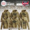 Six NFL Salute to Service hoodies in khaki color with team logos and patriotic patches.
