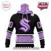 A Seattle Kraken hoodie with bold purple accents, team logo, and a bandana pattern on the cuffs and bottom.