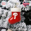 Red Phillies stocking ornament on snowy tree!