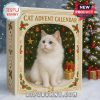 Christmas advent calendar featuring a fluffy white cat with a snowy backdrop and colorful presents.