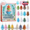 Pyrex Ornament Advent Calendar with a variety of colorful, festive ornaments ready to be displayed.