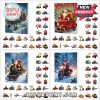 Four Santa-themed Advent calendars with vehicles and mini ornaments.