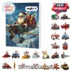 Santa flying airplane on Advent calendar cover with vehicle ornaments.