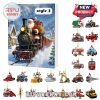 Santa driving red steam train on snowy Advent calendar with vehicle ornaments.