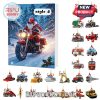 Santa riding motorcycle on snowy Advent calendar with vehicle ornaments.