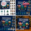 Collage of Seattle Mariners 2025 Advent Calendar box and ornament assortment!