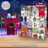 Full view of Snoopy Christmas advent calendar in front of a snowy scene with a decorated red doghouse!