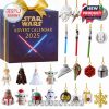 Close-up of Star Wars 2025 advent calendar box and all 24 collectible mini figures and ornaments.