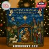Colorful Nativity-themed Advent Calendar displayed in front of Christmas tree!