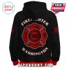 Back of hoodie with large firefighter emblem and Washington Commanders logo.