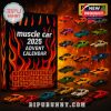 Close-up of Muscle Car Advent Calendar 2025 with cars and flame background.
